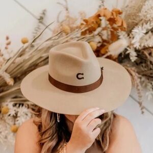 C-branded Cream Fedora Hat with Brown Band